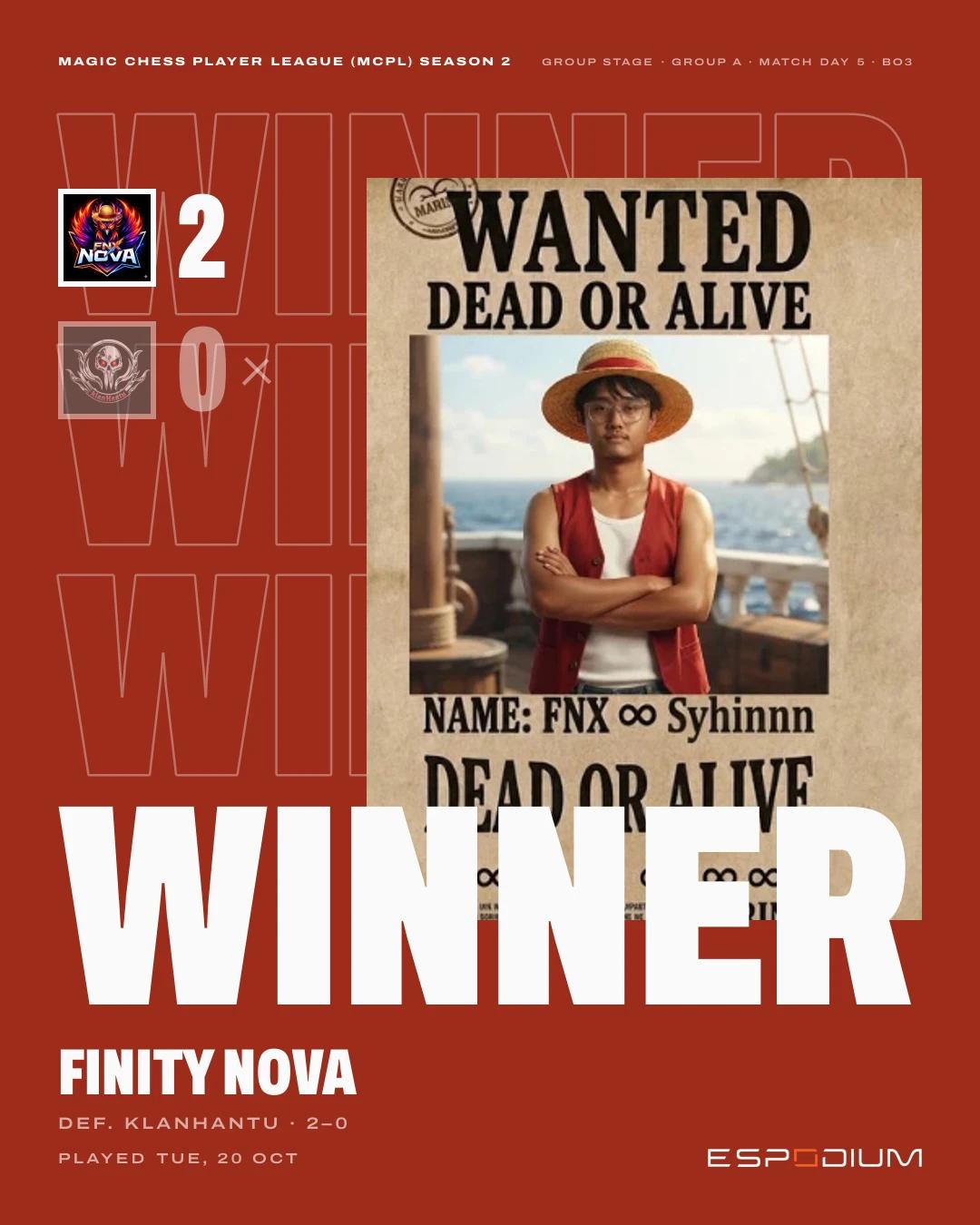 Result card: FINITY NOVA wins, MAGIC CHESS PLAYER LEAGUE (MCPL) Season 2