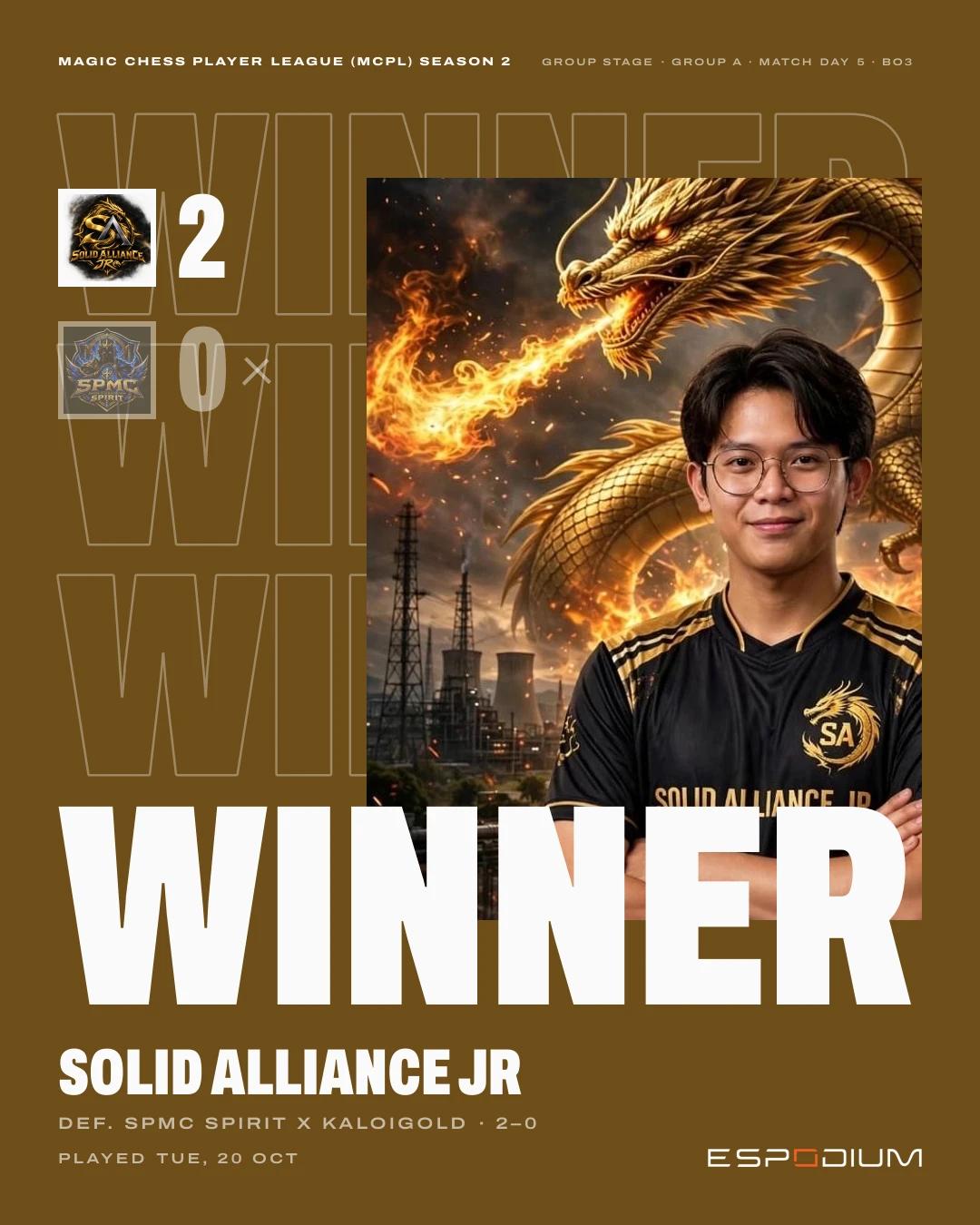 Result card: Solid Alliance Jr wins, MAGIC CHESS PLAYER LEAGUE (MCPL) Season 2