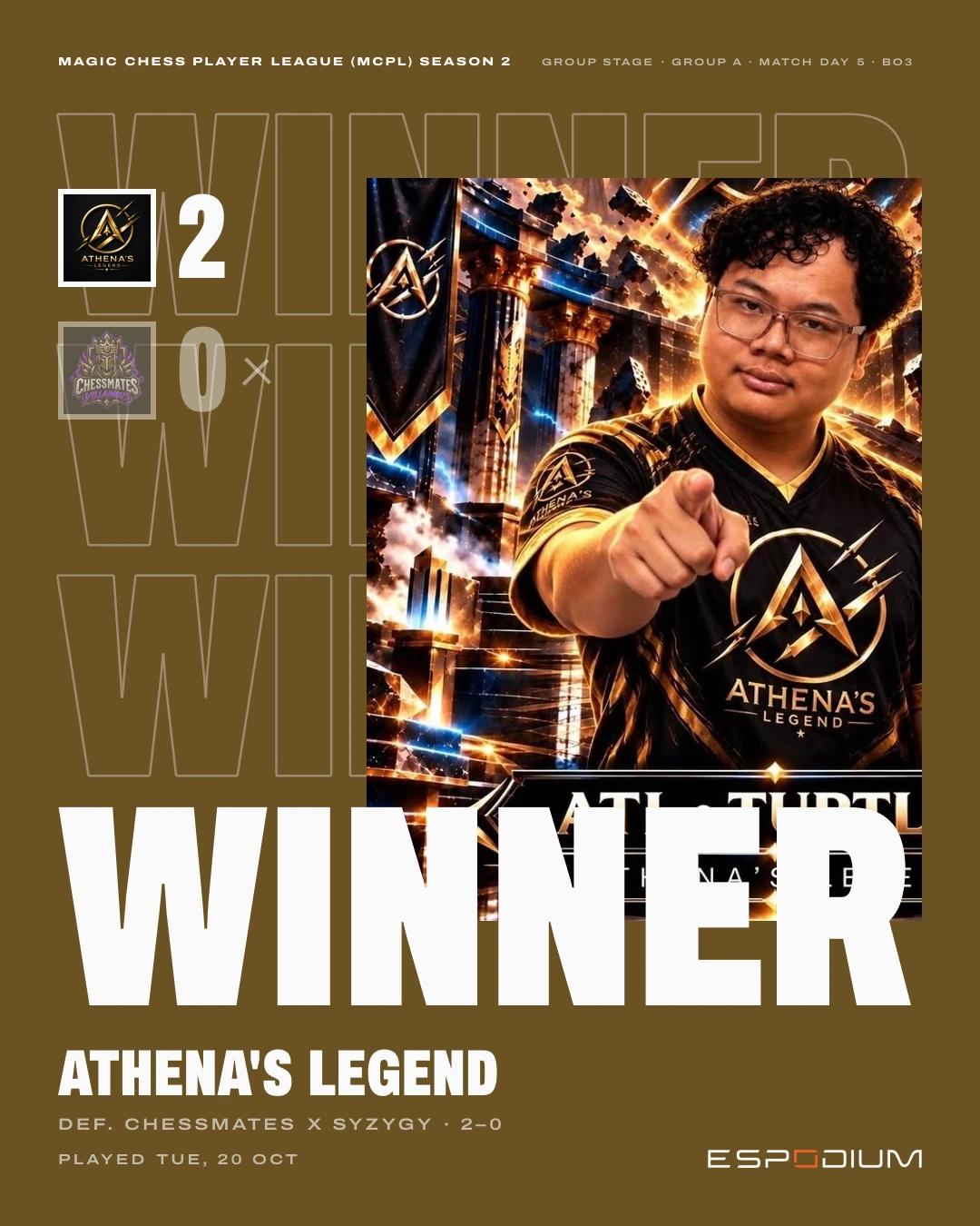 Result card: Athena's Legend wins, MAGIC CHESS PLAYER LEAGUE (MCPL) Season 2